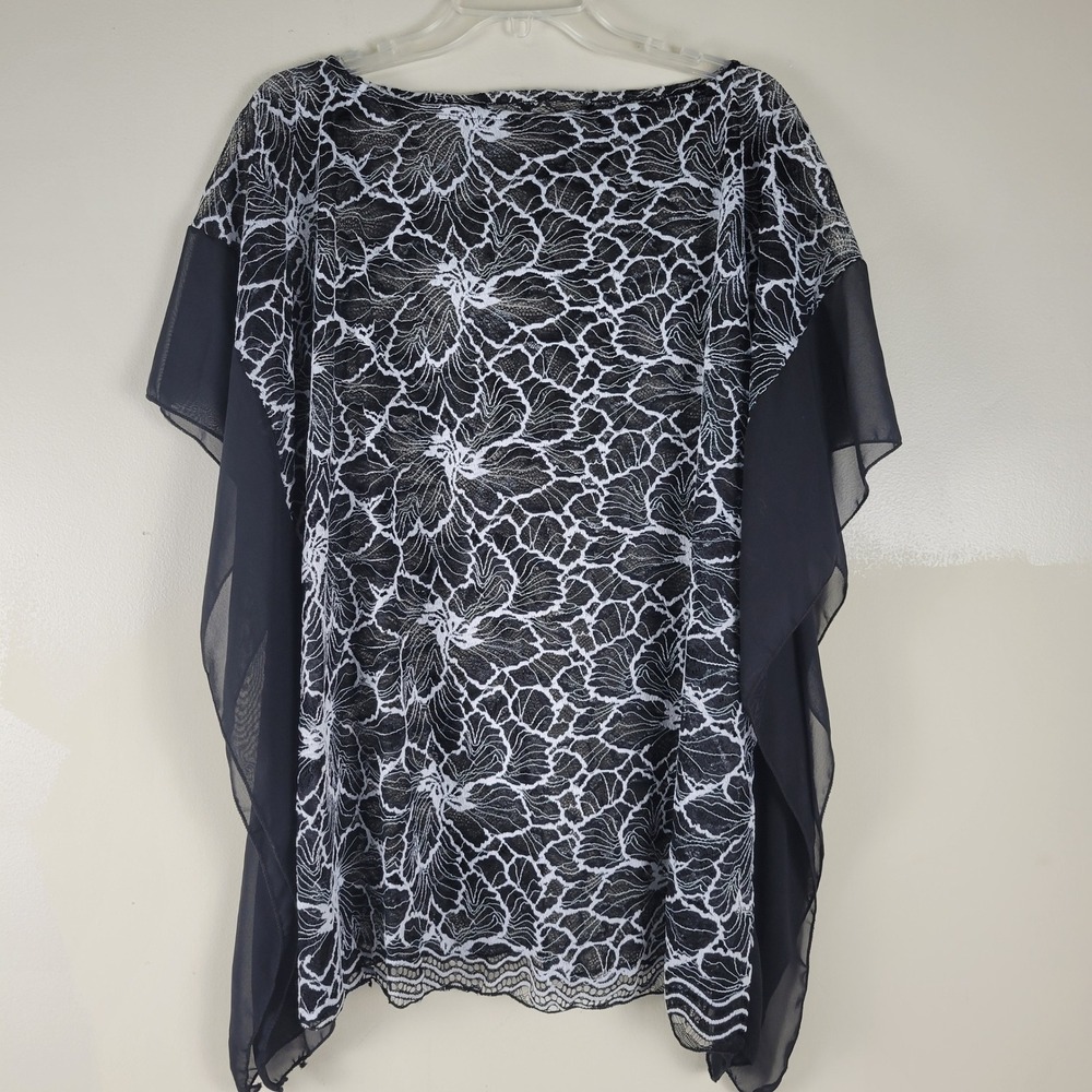 Womens Black White Floral Lace Chiffon Kaftan Poncho Top Butterfly‎ Sleeve OS